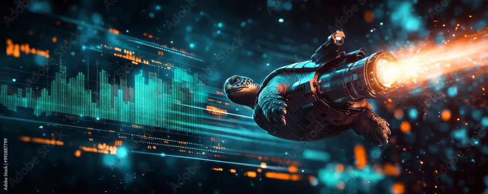 Fototapeta premium Turtle with Jetpack Soaring Over Green Stock Market Chart.