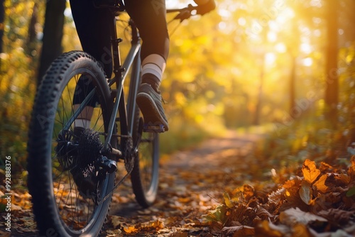 Bike ride on a peaceful forest trail, sunlight breaking through the trees