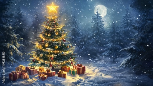 A snowy winter night scene with a Christmas tree adorned with ornaments and a glowing star, surrounded by gift boxes. The tree stands against a backdrop of a moonlit forest