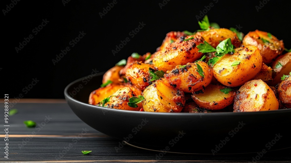 Spicy Roasted Potatoes: A tantalizing close-up of a black bowl overflowing with seasoned, golden-brown roasted potatoes, garnished with fresh herbs, inviting you to savor the aromatic flavors. Spicy Roasted Potatoes: A tantalizing close-up of a black bowl overflowing with seasoned, golden-brown roasted potatoes, garnished with fresh herbs, inviting you to savor the aromatic flavors.
