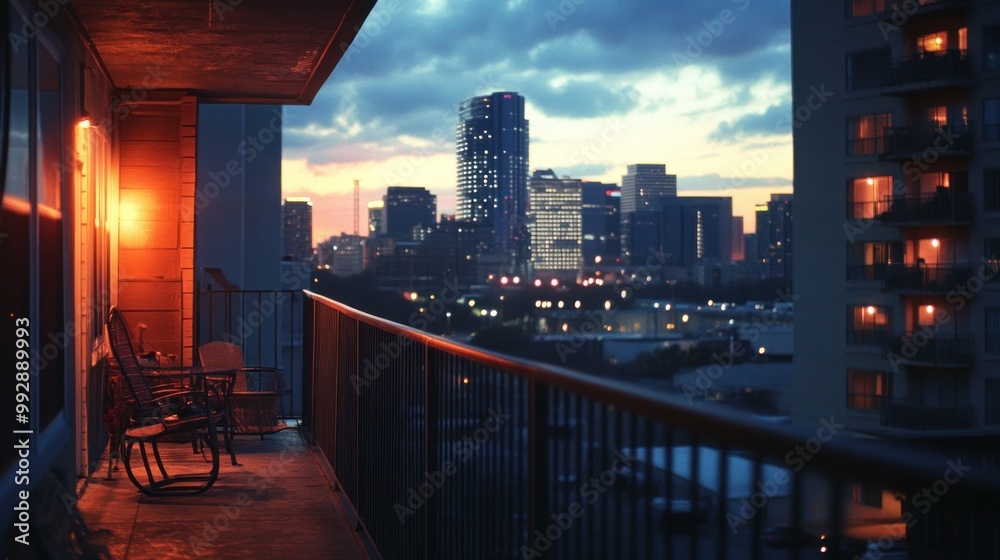 Obraz premium A serene balcony view overlooking a city skyline at dusk, with soft lighting and chairs.