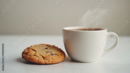 Warm cup of coffee paired with a freshly baked chocolate chip cookie on a simple white table setting in cozy lighting