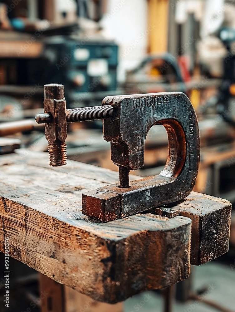 A sturdy clamp tightly grips a wooden board in a workshop, highlighting meticulous craftsmanship and tools. A sturdy clamp tightly grips a wooden board in a workshop, highlighting meticulous craftsmanship and tools.