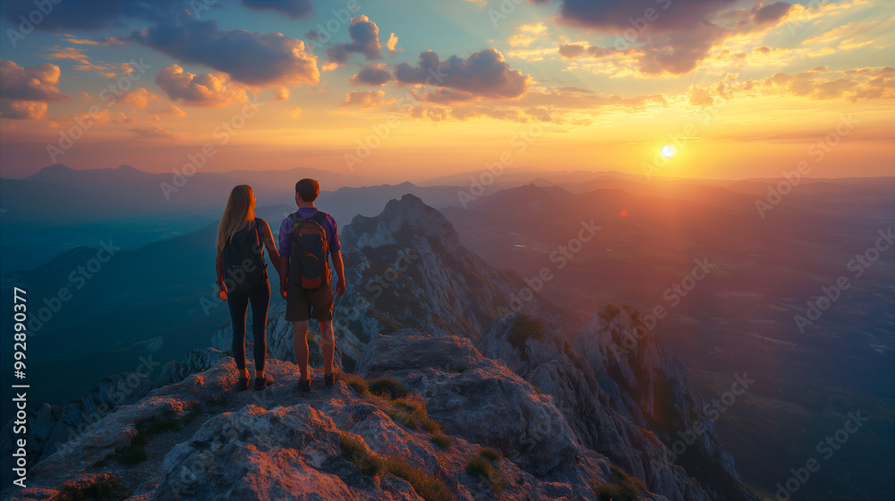 Couple Hiking at Sunset on Mountain Peak. Generative AI Couple Hiking at Sunset on Mountain Peak. Generative AI