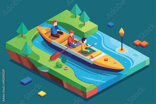 Three friends paddle on a vibrant river in a customizable isometric kayaking illustration, Customizable isometric illustration of kayaking.