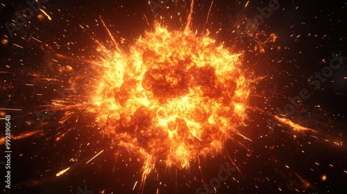 A massive fireball bursts with bright flames and shockwaves dramatically lighting up the dark environment during an explosion