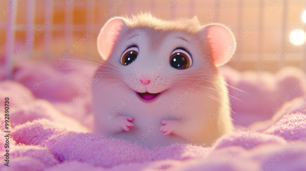 A cute, animated hamster with large eyes and a joyful expression, nestled in soft bedding. A cute, animated hamster with large eyes and a joyful expression, nestled in soft bedding.
