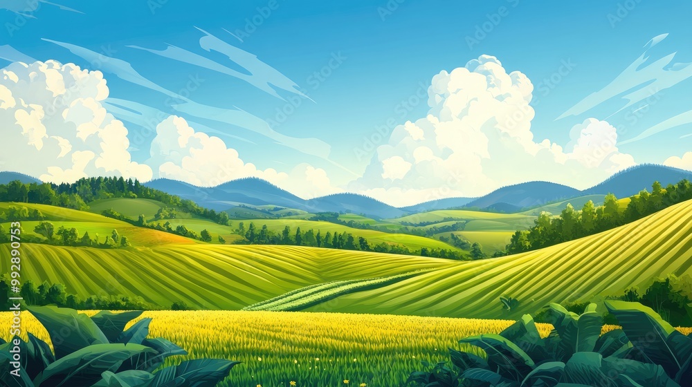 Scenic summer landscape featuring rolling hills and lush agriculture Scenic summer landscape featuring rolling hills and lush agriculture