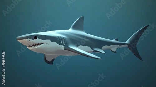 A stylized illustration of a shark swimming in a blue underwater environment.