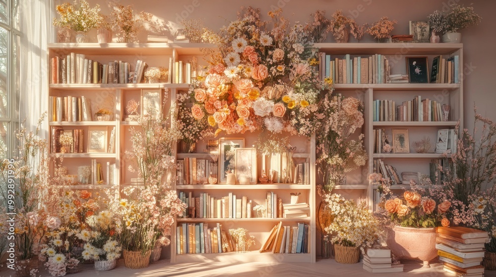 A cozy bookshelf adorned with flowers, creating a warm and inviting reading space. A cozy bookshelf adorned with flowers, creating a warm and inviting reading space.
