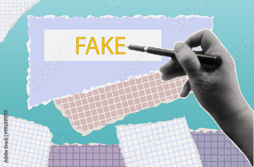 Fake news. A woman's hand points with a pen to false information, incorrect data, a fraudulent document. Search for true facts, select notifications. Contemporary collage art, halftone vector.