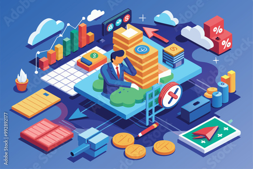 This illustration features a customizable design depicting financial stress through graphs, coins, and charts, Customizable isometric illustration of money stress.