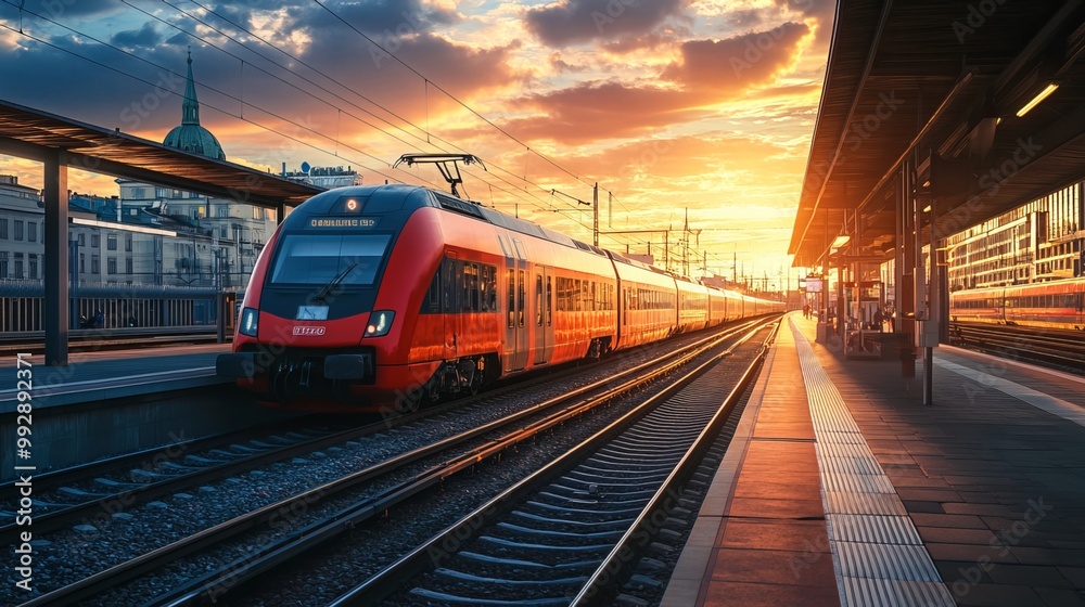 Obraz premium A vibrant red intercity passenger train stands on the platform of a train station in Vienna, Austria, bathed in the warm glow of sunset. The modern train, with its sleek design