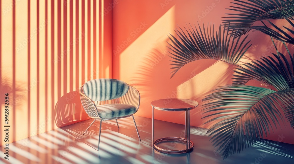 A stylish interior featuring a chair, table, and tropical plants with vibrant lighting. A stylish interior featuring a chair, table, and tropical plants with vibrant lighting.