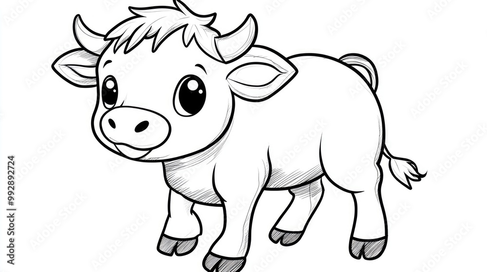 Fototapeta premium Cute young cow coloring book illustration kawaii style sticker design with sharp lines on a clean white background