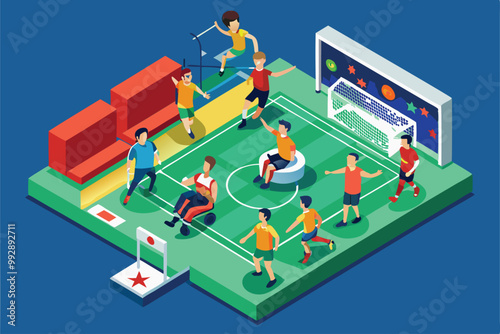 A lively illustration captures athletes engaging in various paralympic sports in a vibrant setting, Customizable isometric illustration of Paralympic canoeing