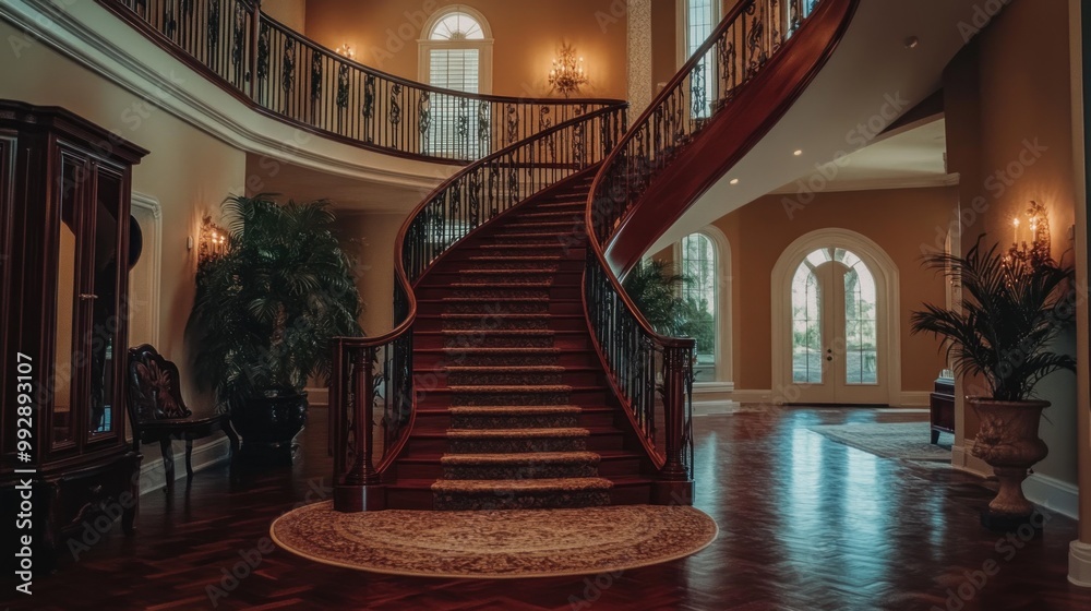 Obraz premium Elegant staircase in a luxurious foyer with ornate details and warm lighting.