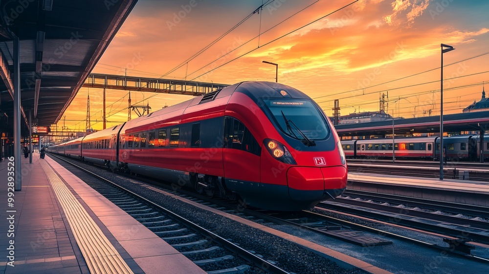 Naklejka premium A vibrant red intercity passenger train stands on the platform of a train station in Vienna, Austria, bathed in the warm glow of sunset. The modern train, with its sleek design