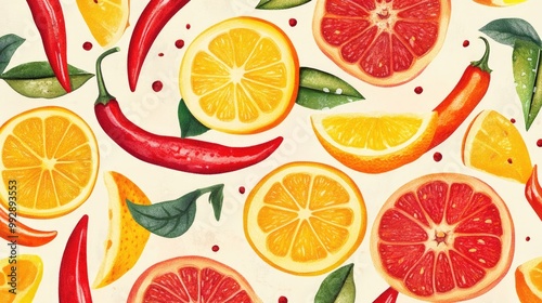 Conversation about food citrus fruit and spicy peppers with playful illustrations