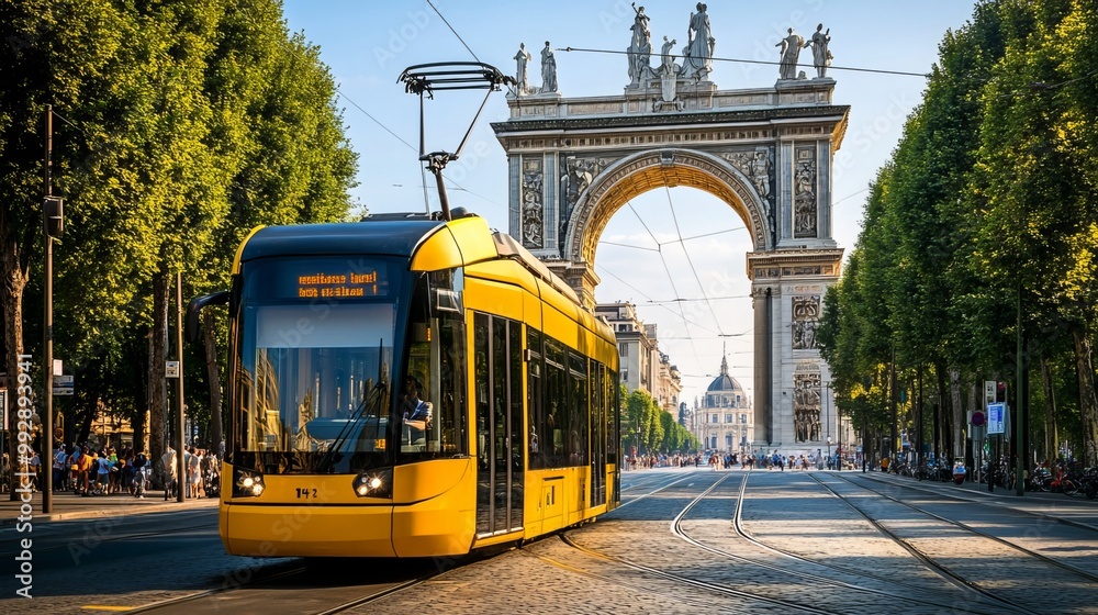 Fototapeta premium A yellow tram passes in front of the Peace Arch in Milan, Italy. 