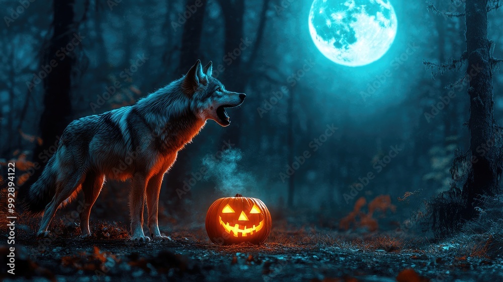Fototapeta premium A wolf howls beside a glowing pumpkin, set against a dark forest backdrop with a full moon, creating a spooky Halloween vibe. No people, no logos.