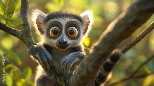 A cute animated lemur with large eyes sitting on a tree branch in a vibrant, natural setting.