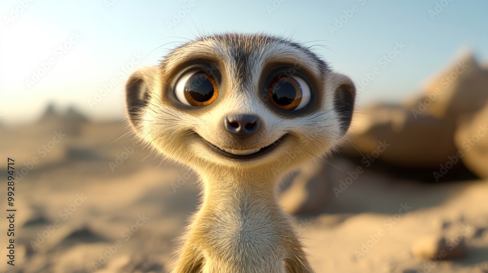 Fototapeta premium A cheerful meerkat with large eyes smiles in a desert landscape.