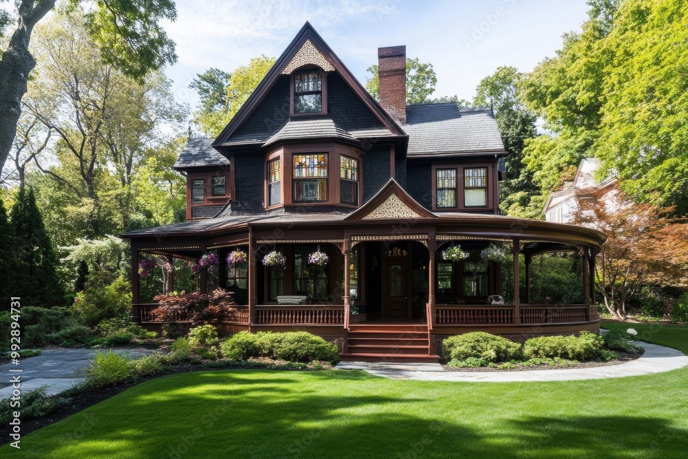 A charming Victorian-style house with an ornate porch, surrounded by lush greenery and well-maintained gardens, showcasing classic architecture in a serene setting.