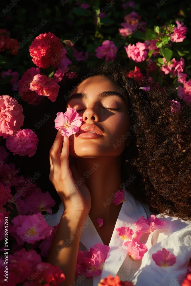 Obraz premium A serene portrait of a woman surrounded by vibrant pink flowers, capturing the essence of nature's beauty and tranquility.