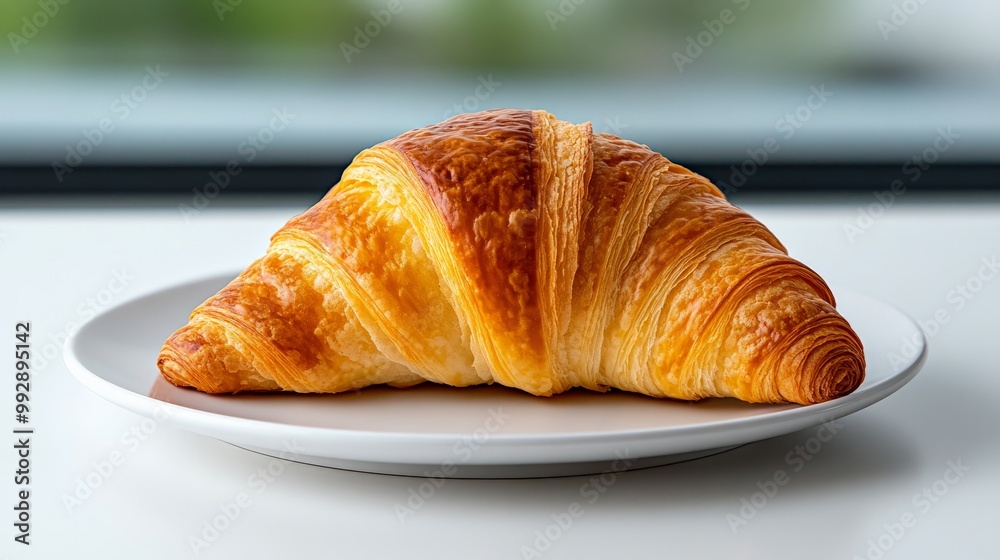 Golden Croissant Delight: A freshly baked croissant, its golden-brown crust glistening with buttery goodness, rests invitingly on a white plate. The perfect image to evoke feelings of warmth. Golden Croissant Delight: A freshly baked croissant, its golden-brown crust glistening with buttery goodness, rests invitingly on a white plate. The perfect image to evoke feelings of warmth.