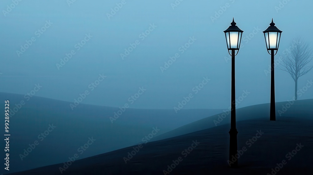 Glowing street lamps in a misty park at dawn, creating a serene atmosphere, early morning glowtime, calm and peaceful Glowing street lamps in a misty park at dawn, creating a serene atmosphere, early morning glowtime, calm and peaceful