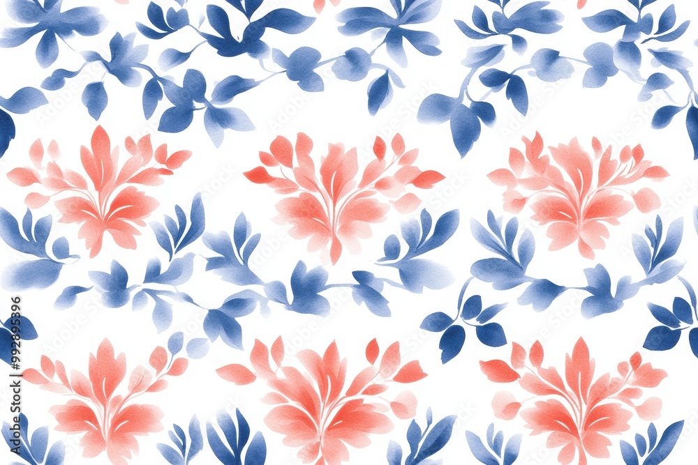 A vibrant floral pattern with blue and coral flowers against a white background, creating a cheerful and fresh aesthetic.