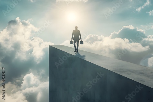 businessman walks along the upward budling against a blue sky backdrop. success way concept