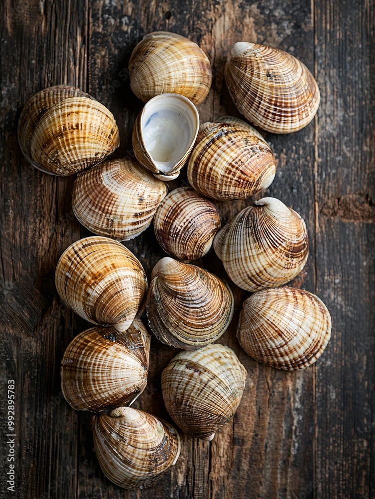Fresh clams displayed on a weathered wooden surface highlight their unique textures and hues, perfect for seafood lovers. Fresh clams displayed on a weathered wooden surface highlight their unique textures and hues, perfect for seafood lovers.