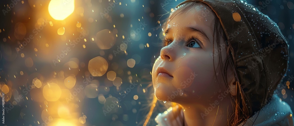 A young girl looks up at the rain falling around her. AI. A young girl looks up at the rain falling around her. AI.