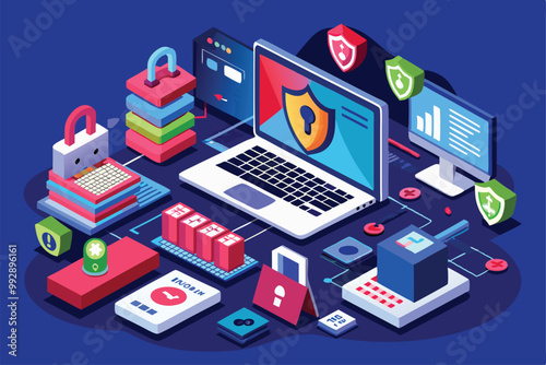 This illustration showcases ransomware themes with a laptop, security icons, and digital devices arranged creatively, Customizable isometric illustration of ransomware.