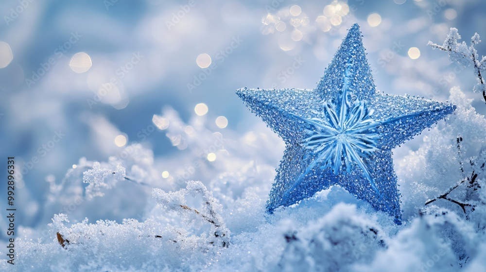 Adorned with a twinkling blue star and delicate snowflakes, winter's arrival is showcased against a serene snowy backdrop. Adorned with a twinkling blue star and delicate snowflakes, winter's arrival is showcased against a serene snowy backdrop.