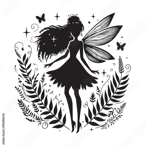 Beautiful Black girl fairy illustration vector silhouette full black color 