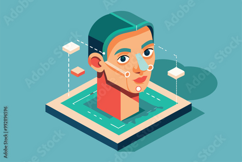 A detailed isometric illustration depicting rhinoplasty techniques and facial structure modifications, Customizable isometric illustration of rhinoplasty.