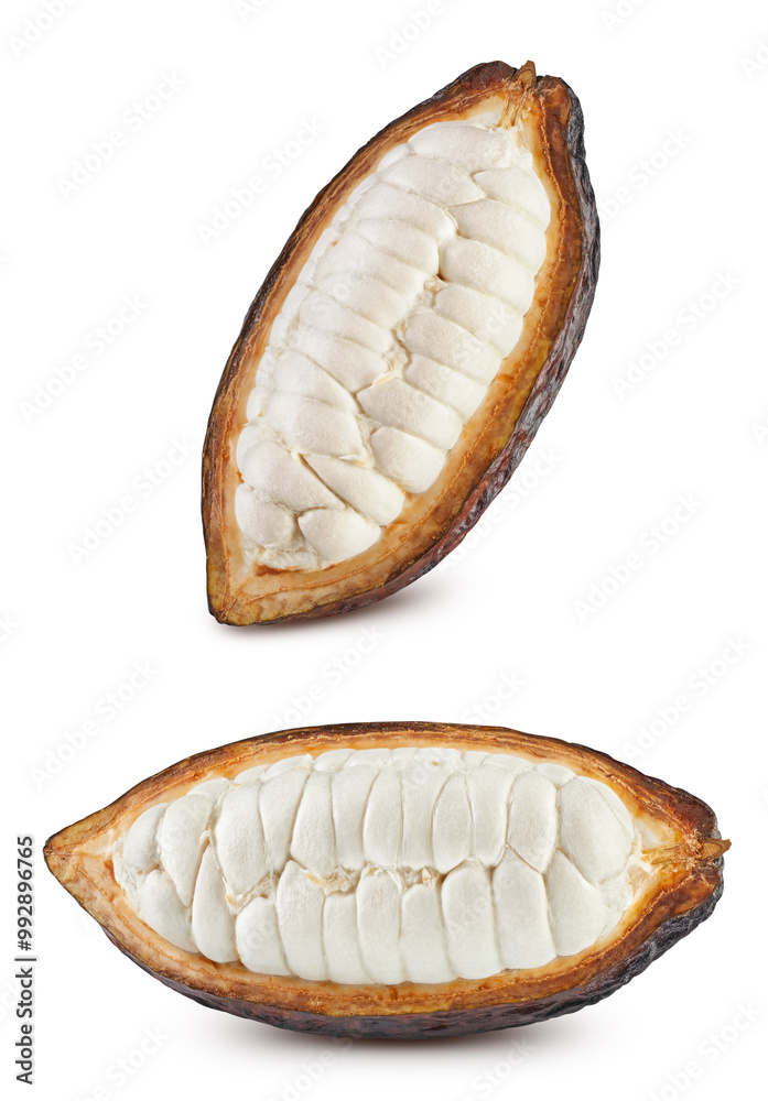 Cocoa half. Cocoa isolated clipping path. Cocoa pod, beans and isolated on a white Cocoa half. Cocoa isolated clipping path. Cocoa pod, beans and isolated on a white