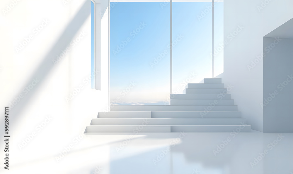 Fototapeta premium Modern Minimalist Interior with Large Windows and Staircase Design
