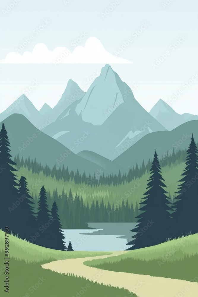 Serene landscape with mountains and a lake surrounded by dense evergreen trees on a clear day Serene landscape with mountains and a lake surrounded by dense evergreen trees on a clear day