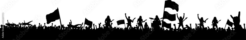 Naklejka premium Vektor Silhouette - Rock - Metal Konzert mit Band auf der Bühne - Ausgelassene Stimmung der Fans im Publikum - Musik Veranstaltung