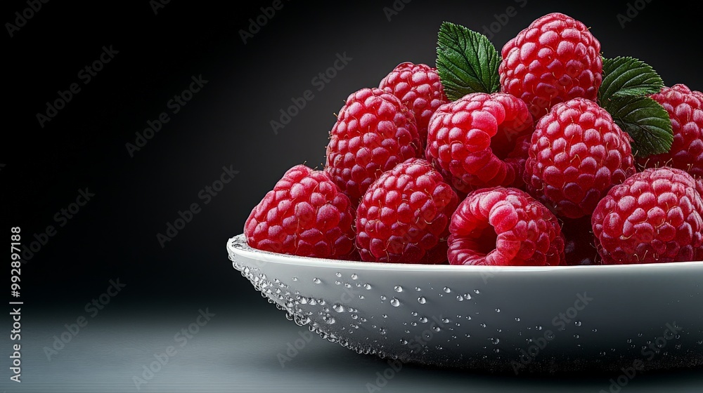 Luscious Raspberries in a Bowl: A close-up shot of fresh, ripe raspberries in a gray bowl, glistening with dew drops against a dark background. The vibrant red color and juicy texture are highlighted. Luscious Raspberries in a Bowl: A close-up shot of fresh, ripe raspberries in a gray bowl, glistening with dew drops against a dark background. The vibrant red color and juicy texture are highlighted.