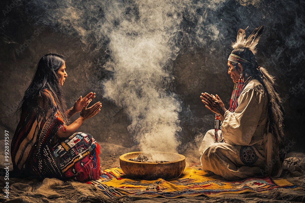 Fototapeta premium Artistic representation of peyotism rituals, featuring symbolic motifs and native elements that celebrate spiritual heritage in a strikingly detailed photograph.
