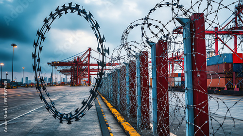 Barbed wire fence in front of a busy port with cranes and cargo ships. photo