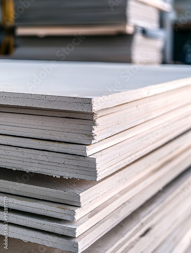 Neatly arranged panels await installation for interior wall construction at a building site.