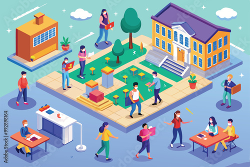 People engage in various activities while practicing social distancing in a vibrant outdoor campus area, Customizable Isometric Illustration of Social Distancing at School