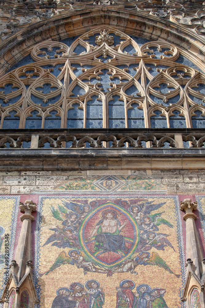 Mosaic and rose window of the Last Judgment at the Golden Gate, Saint Vitus Cathedral, Prague, Czech Republic