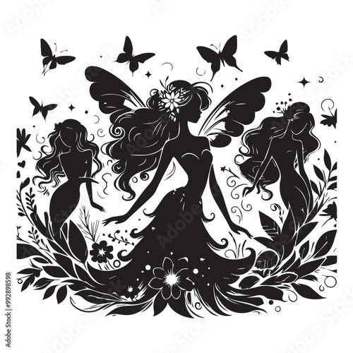 Beautiful Black girl fairy illustration vector silhouette full black color 